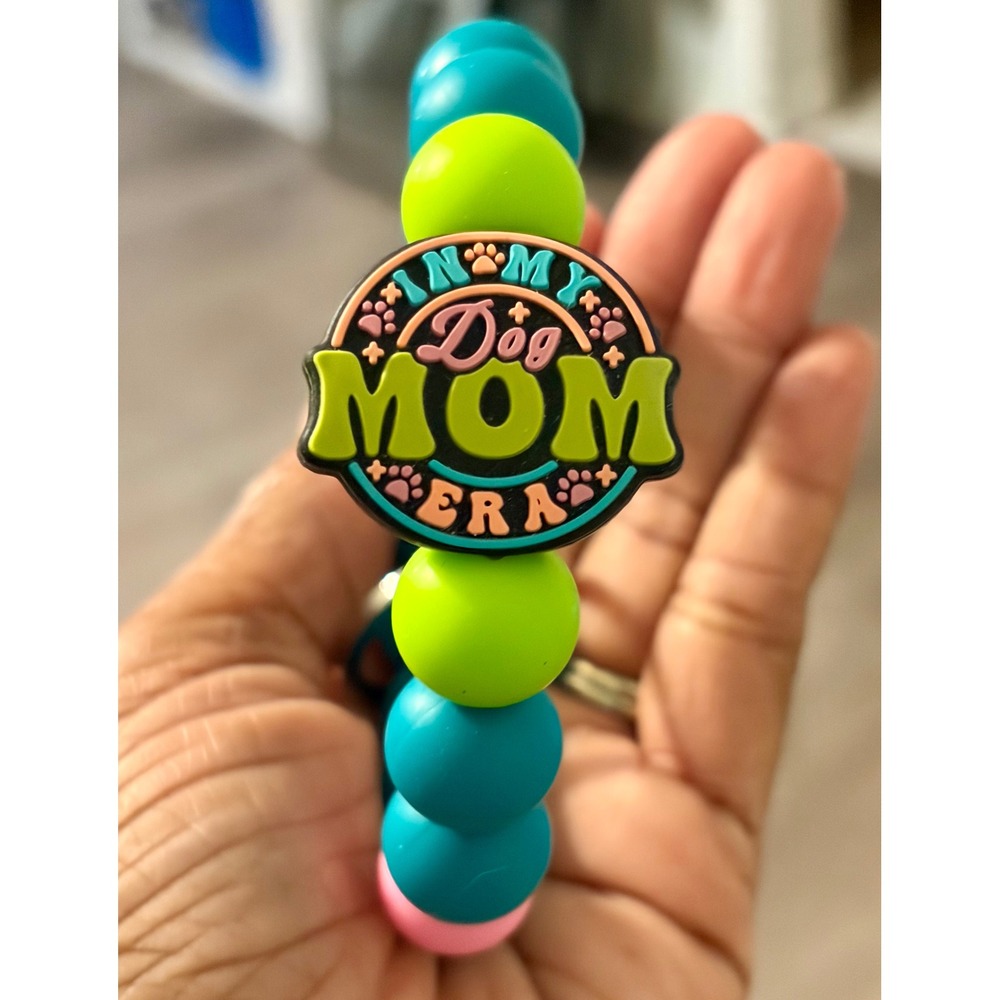 In My Dog Mom Era Silicone Bead Keychain Wristlet Teal Pink Green Bracelet New